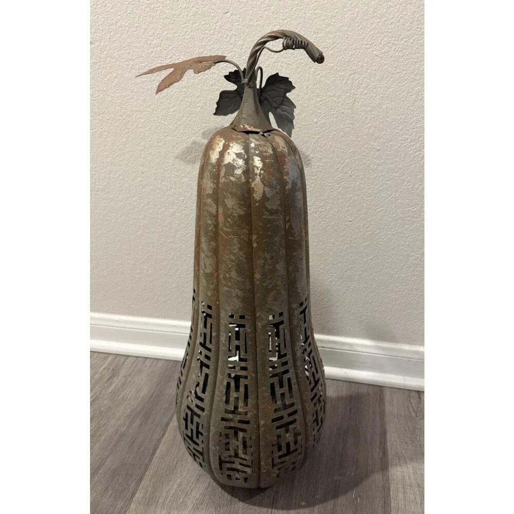 VTG rustic Metal Pumkins Lantern Cut Work Patterns Let Light Go Through 24”H*8”L